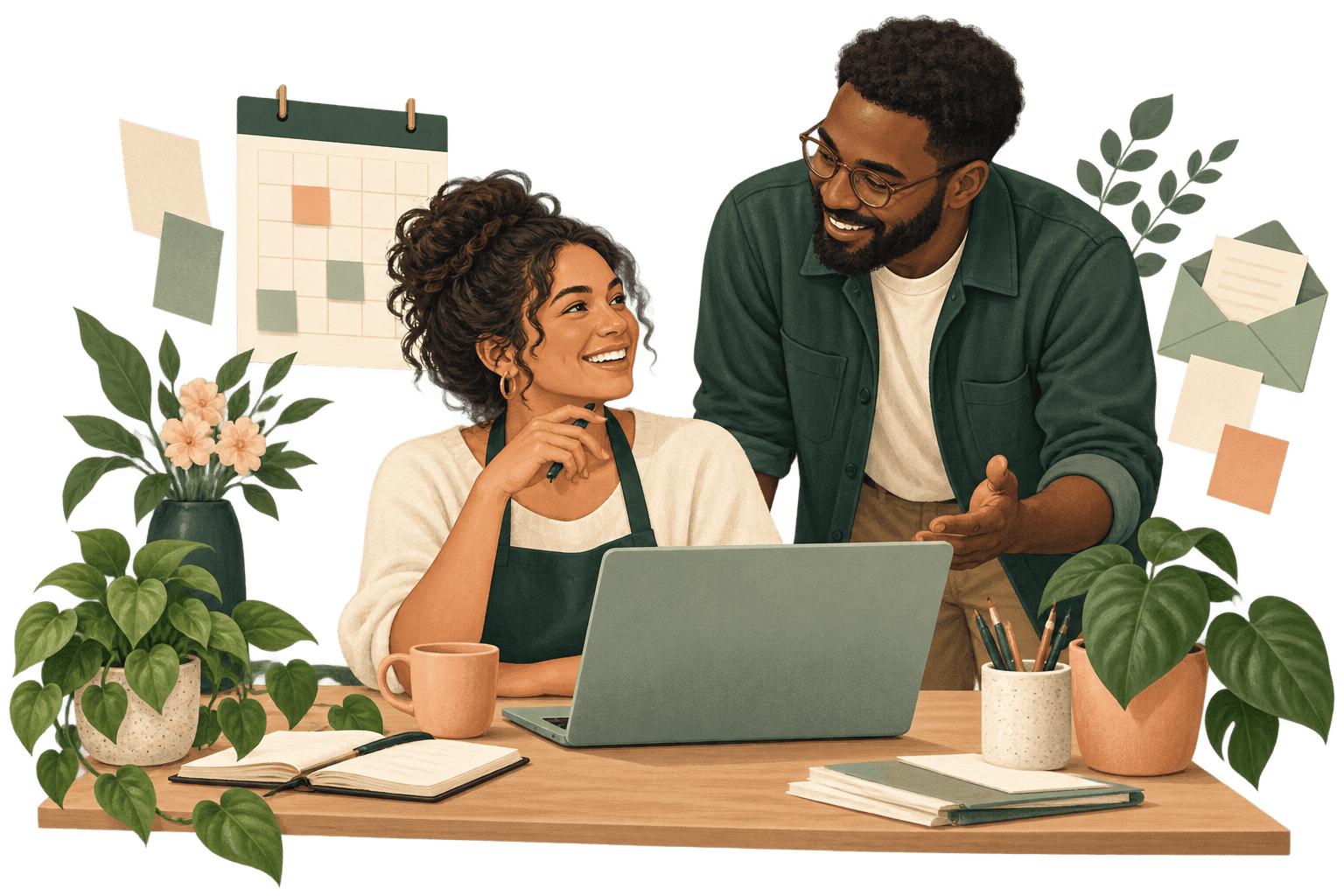 Two local business teammates discussing work at a laptop